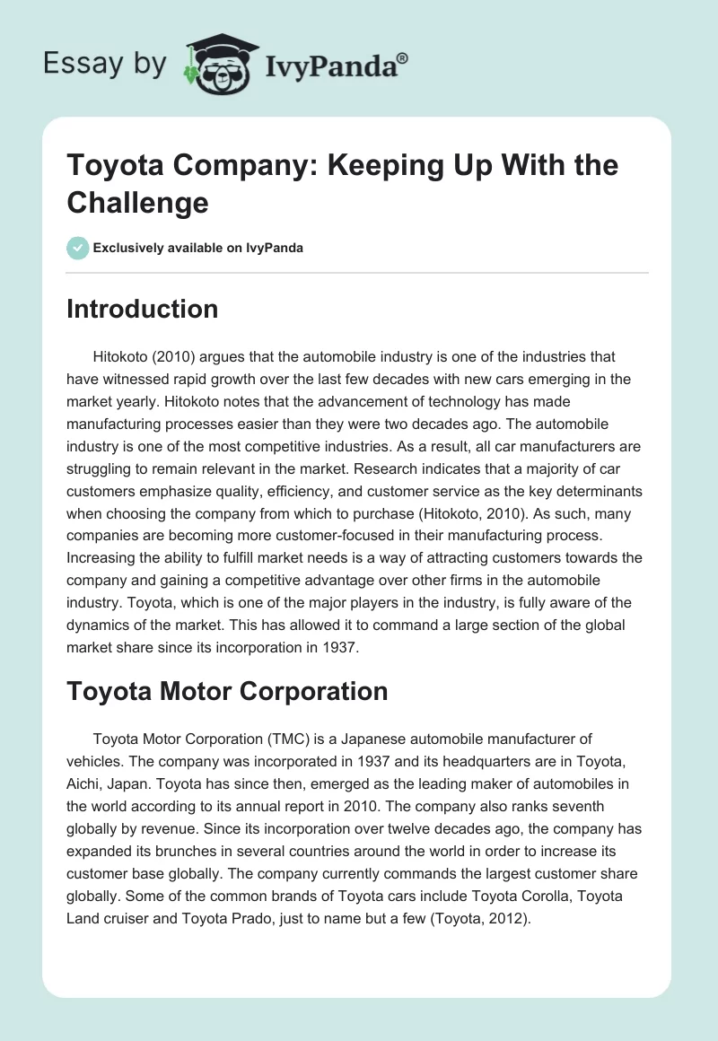 Toyota Company: Keeping Up With the Challenge. Page 1