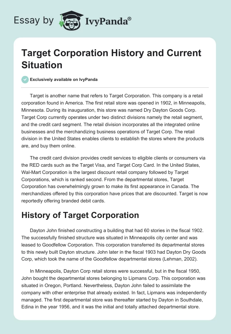 Target Corporation History and Current Situation. Page 1