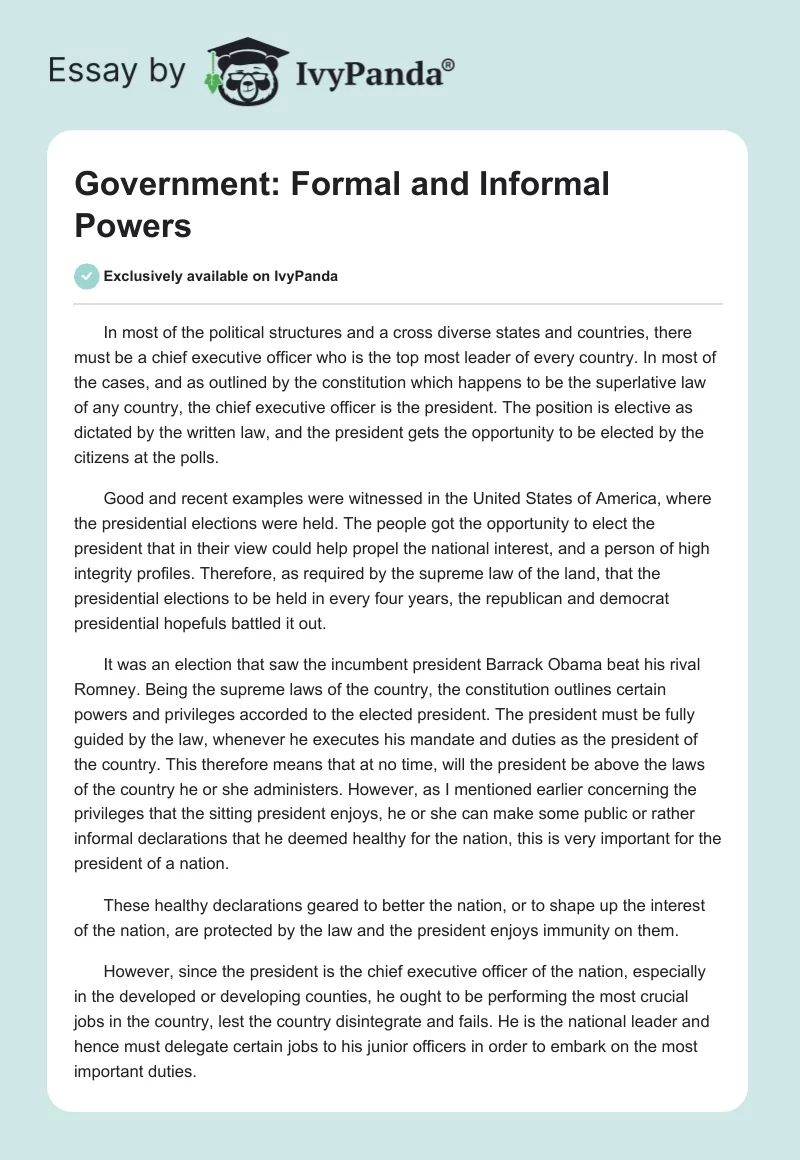 Government: Formal and Informal Powers. Page 1