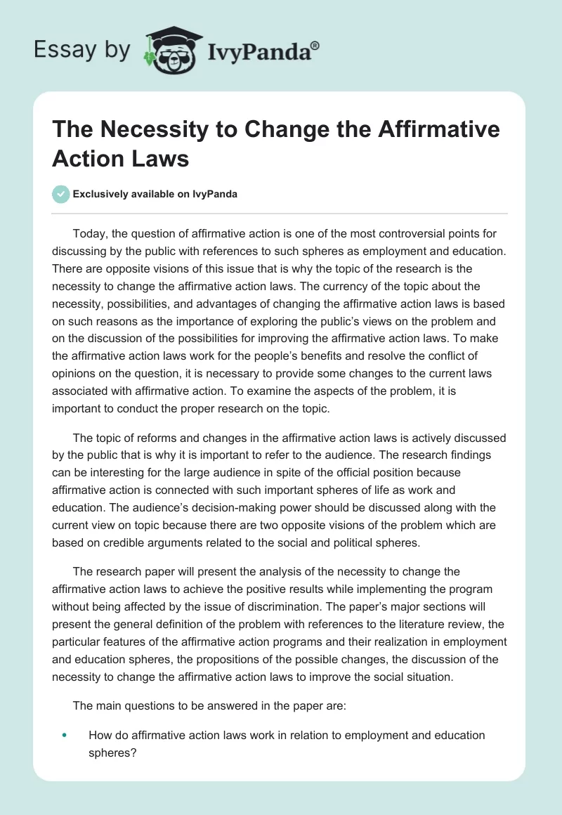 The Necessity to Change the Affirmative Action Laws. Page 1
