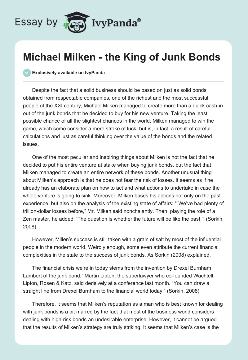 Michael Milken - the King of Junk Bonds. Page 1