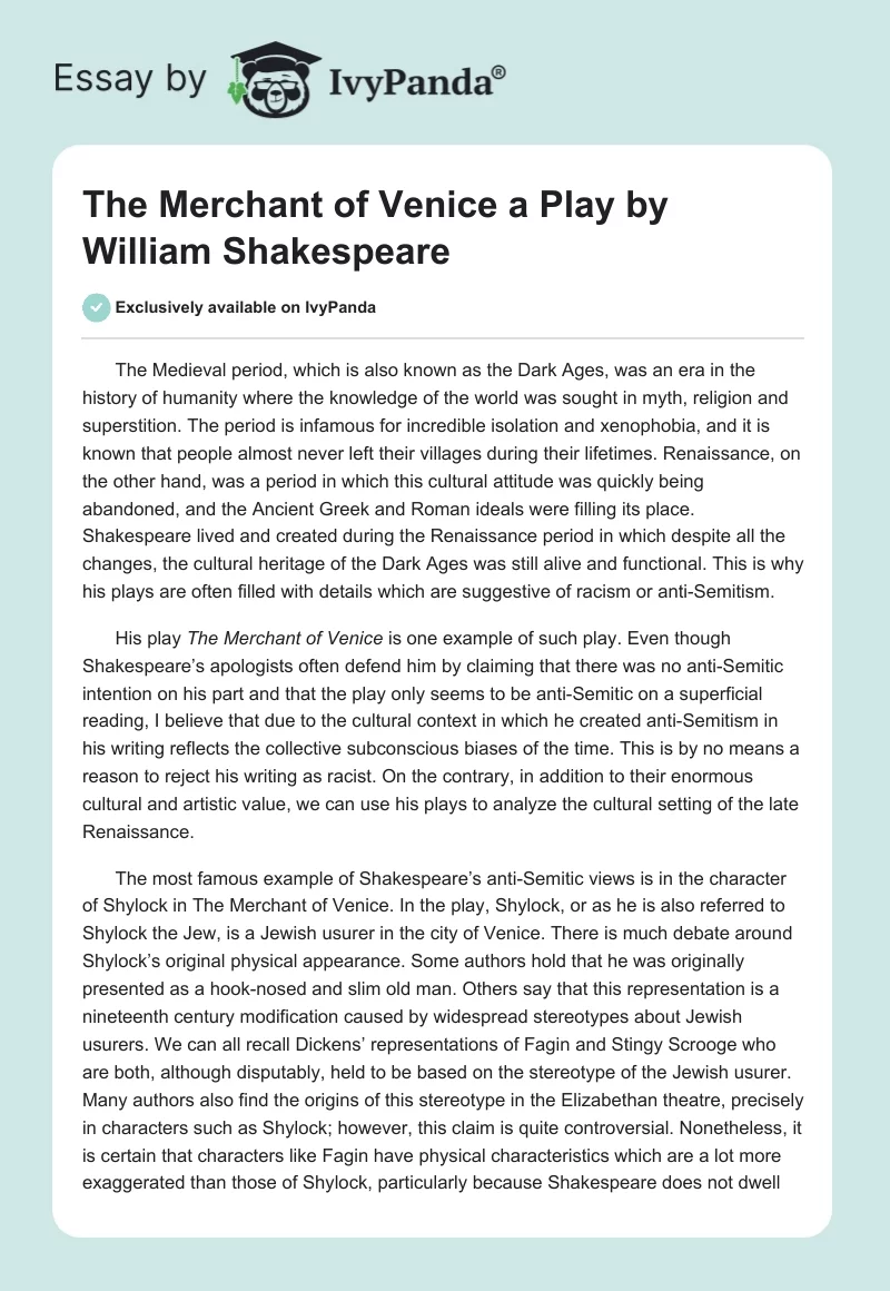 "The Merchant of Venice" a Play by William Shakespeare. Page 1