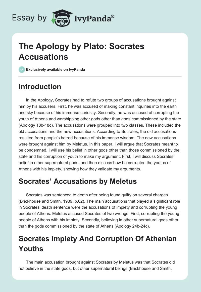 "The Apology" by Plato: Socrates Accusations. Page 1