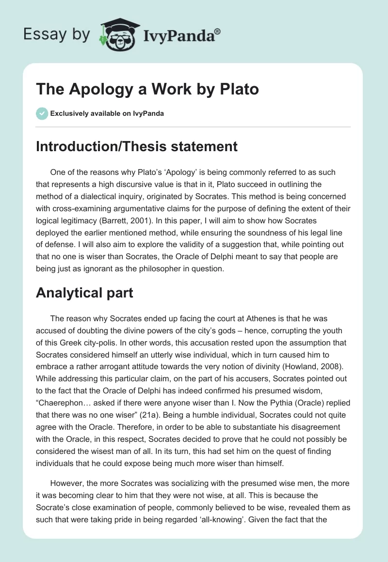 "The Apology" a Work by Plato. Page 1