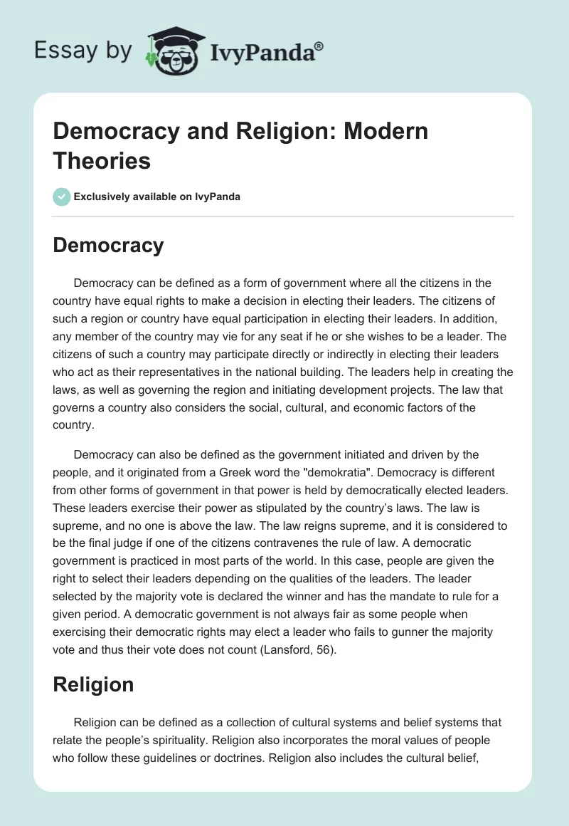 Democracy and Religion: Modern Theories. Page 1