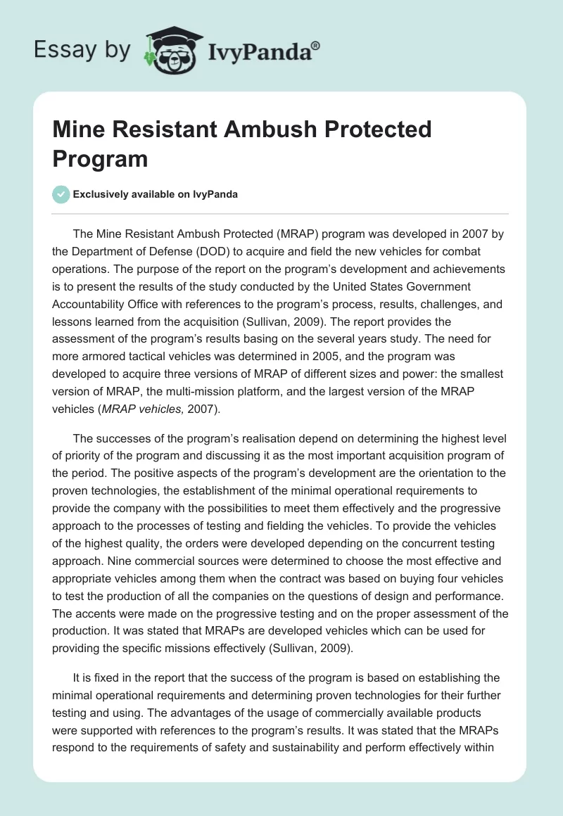 Mine Resistant Ambush Protected Program. Page 1