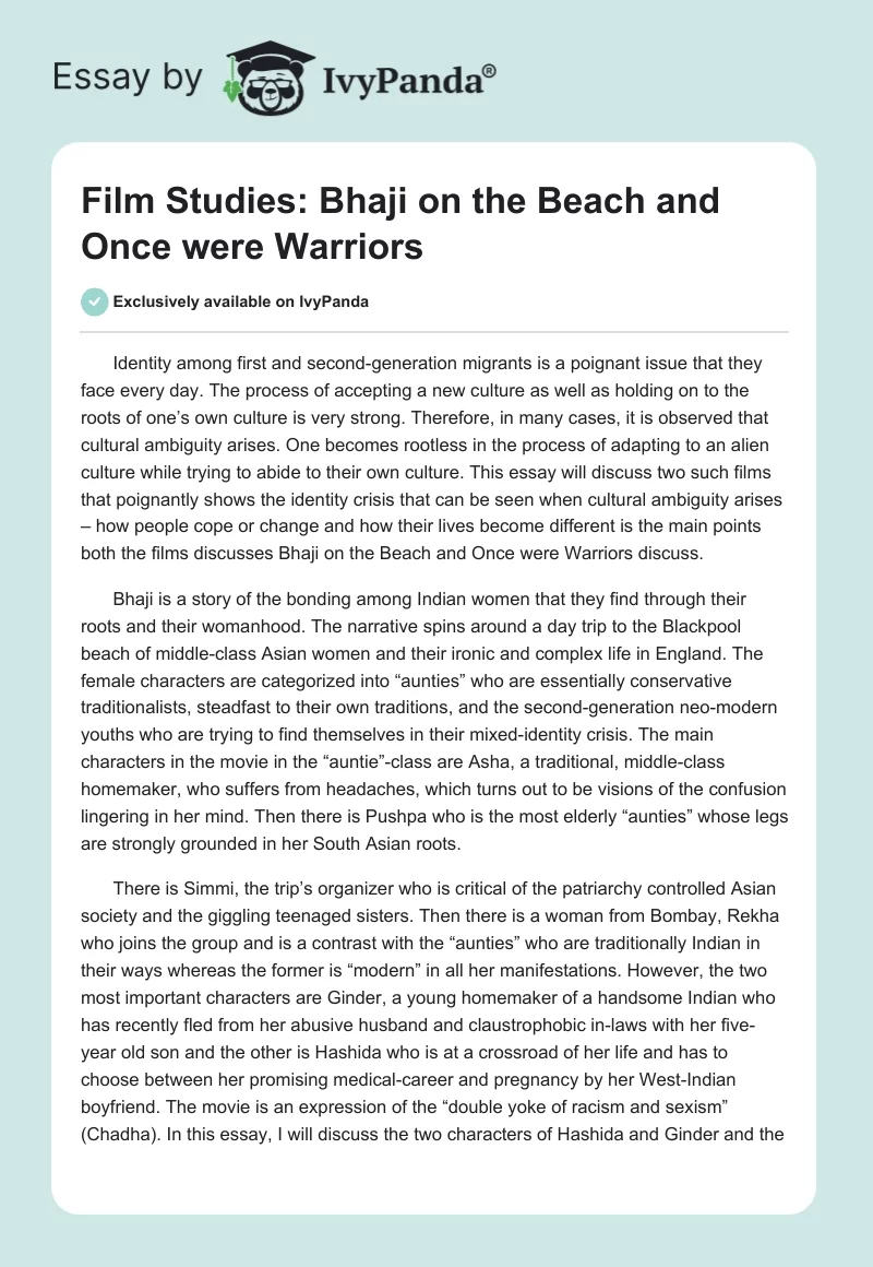 Film Studies: Bhaji on the Beach and Once were Warriors. Page 1