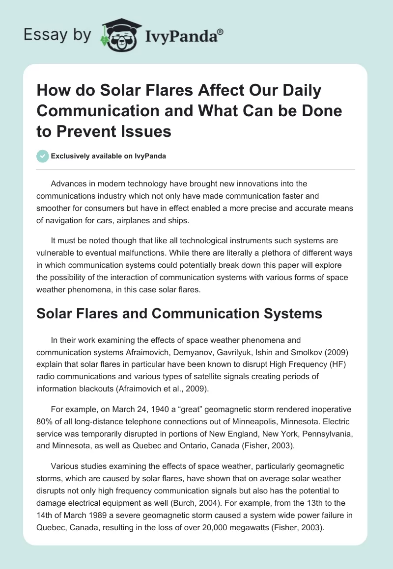How do Solar Flares Affect Our Daily Communication and What Can be Done to Prevent Issues. Page 1