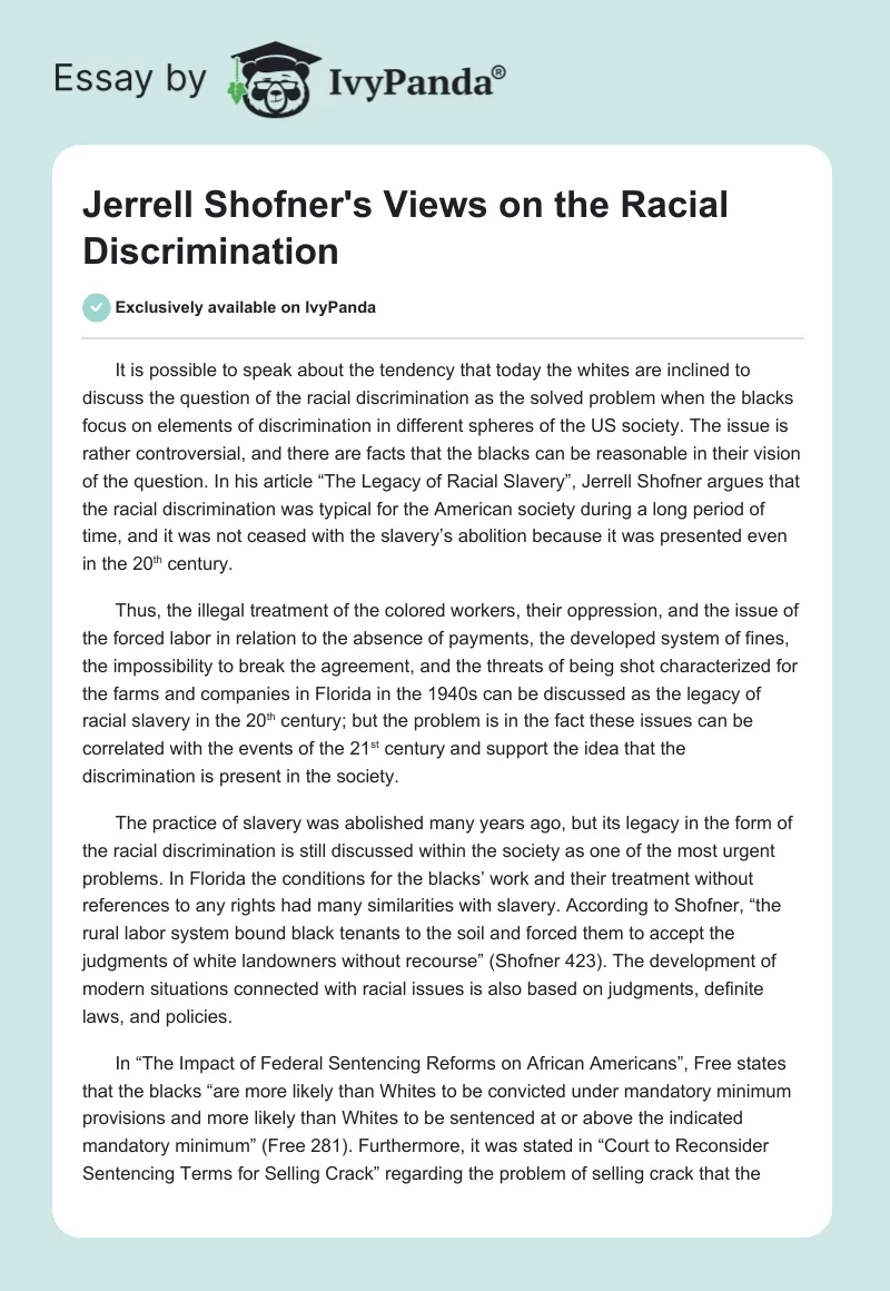 Jerrell Shofner's Views on the Racial Discrimination. Page 1