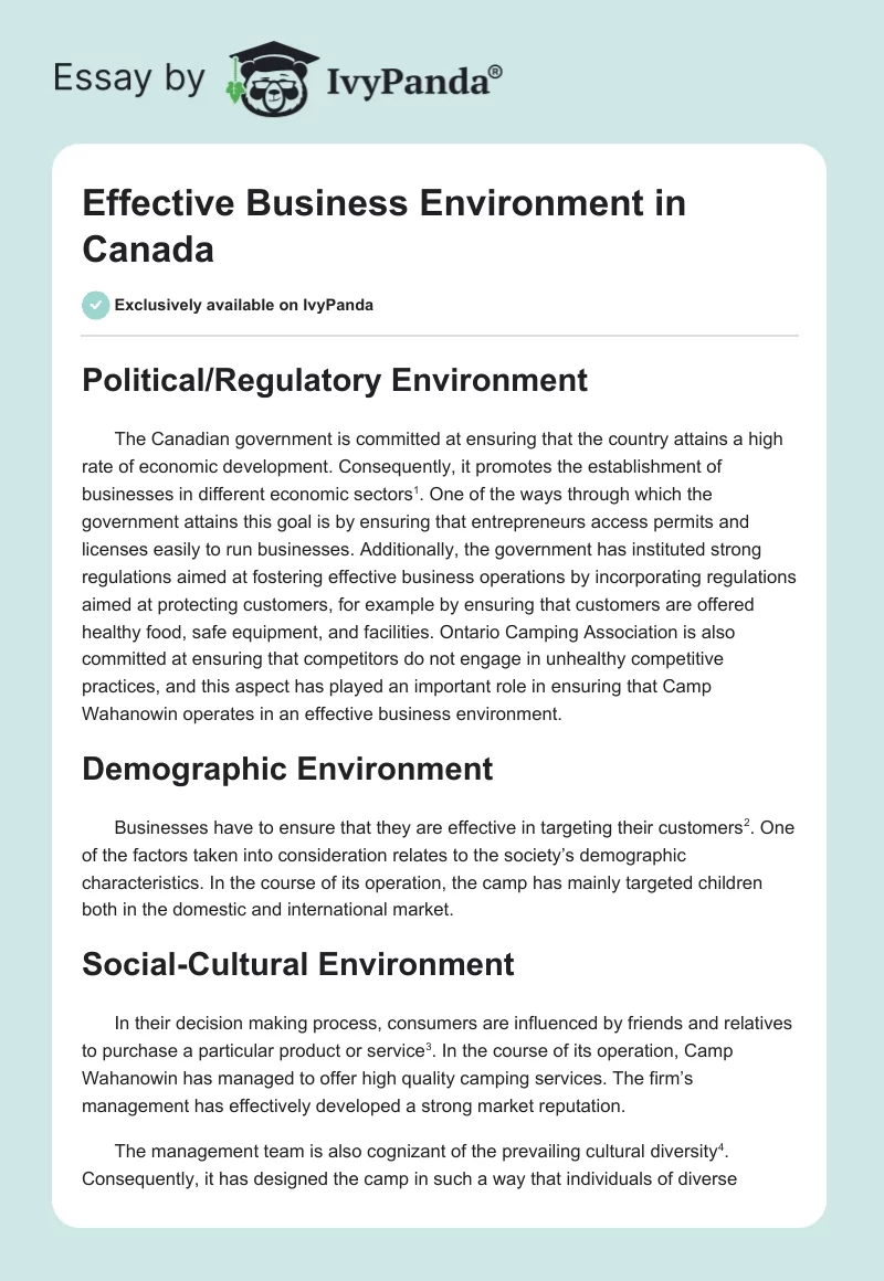 Effective Business Environment in Canada. Page 1