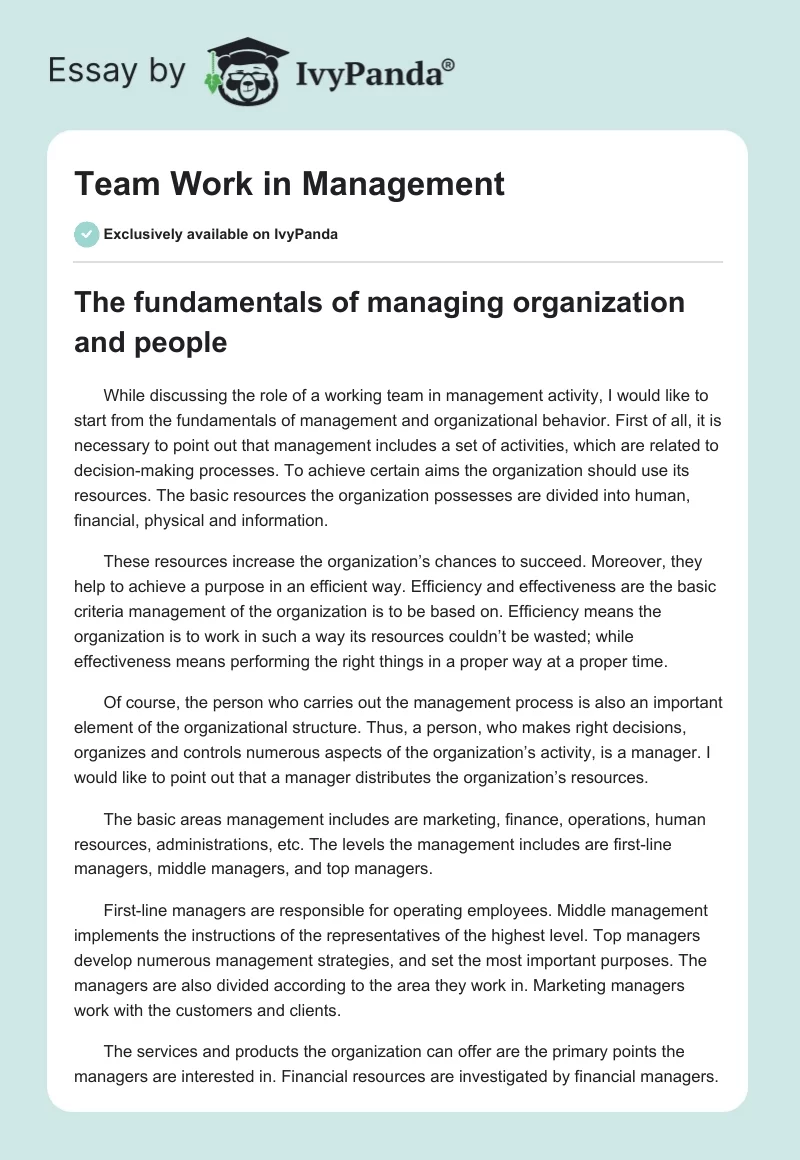 Team Work in Management. Page 1