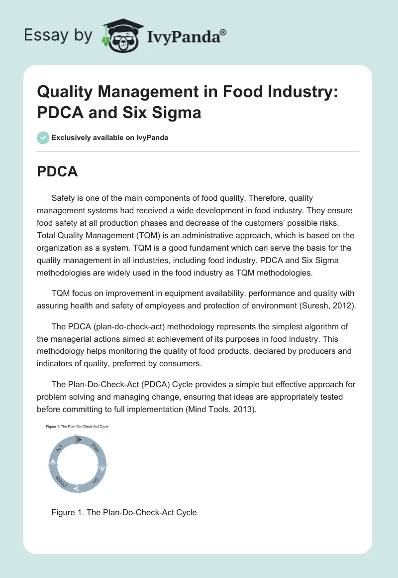 Quality Management in Food Industry: PDCA and Six Sigma. Page 1
