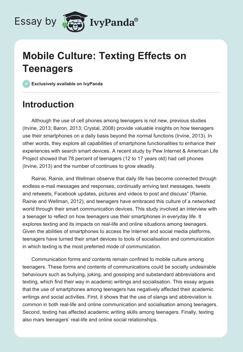 Mobile Culture: Texting Effects on Teenagers. Page 1