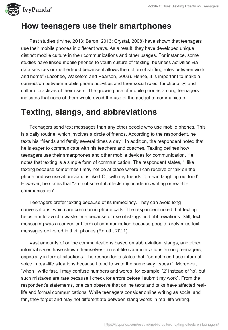 Mobile Culture: Texting Effects on Teenagers. Page 2