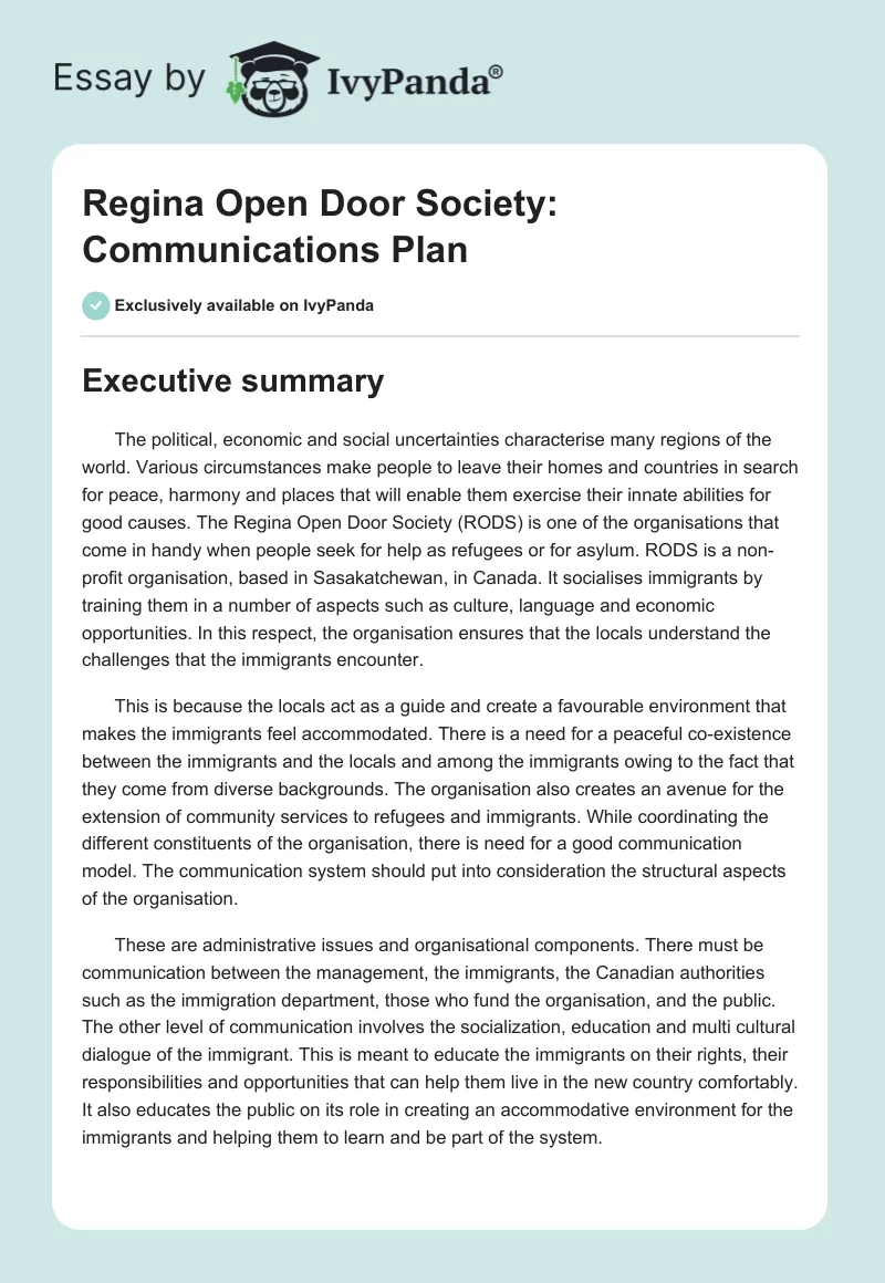 Regina Open Door Society: Communications Plan. Page 1