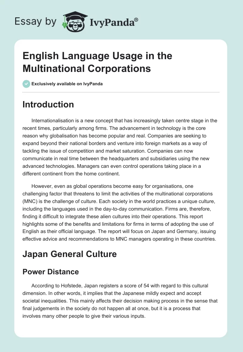 English Language Usage in the Multinational Corporations. Page 1