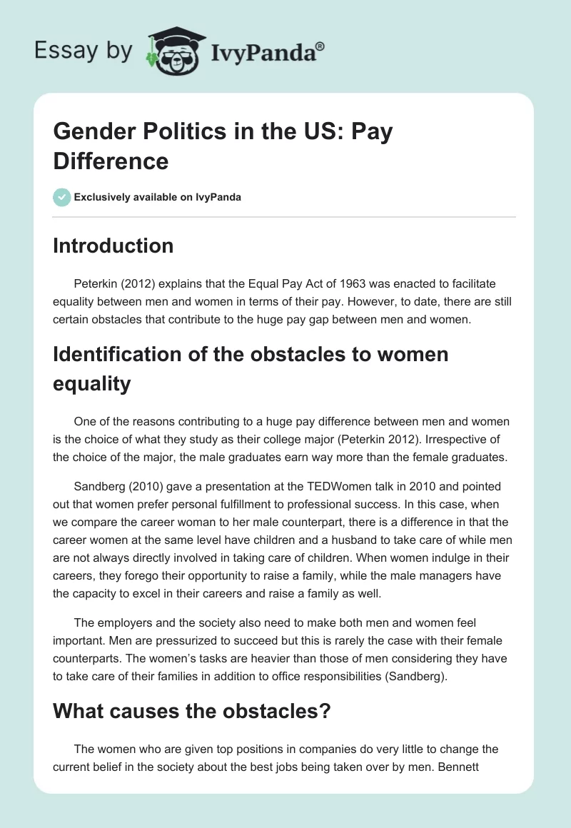 Gender Politics in the US: Pay Difference. Page 1