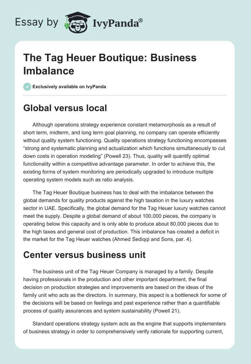 The Tag Heuer Boutique: Business Imbalance. Page 1
