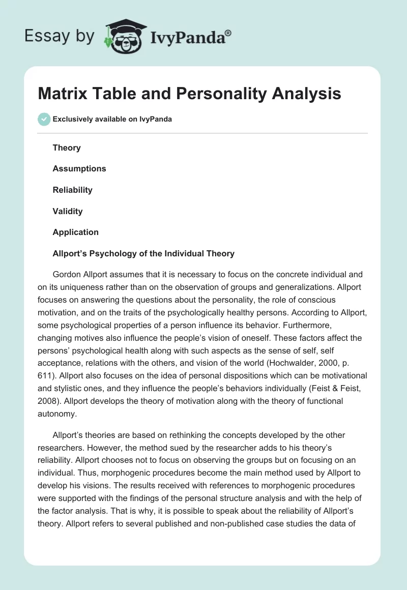 Matrix Table and Personality Analysis. Page 1