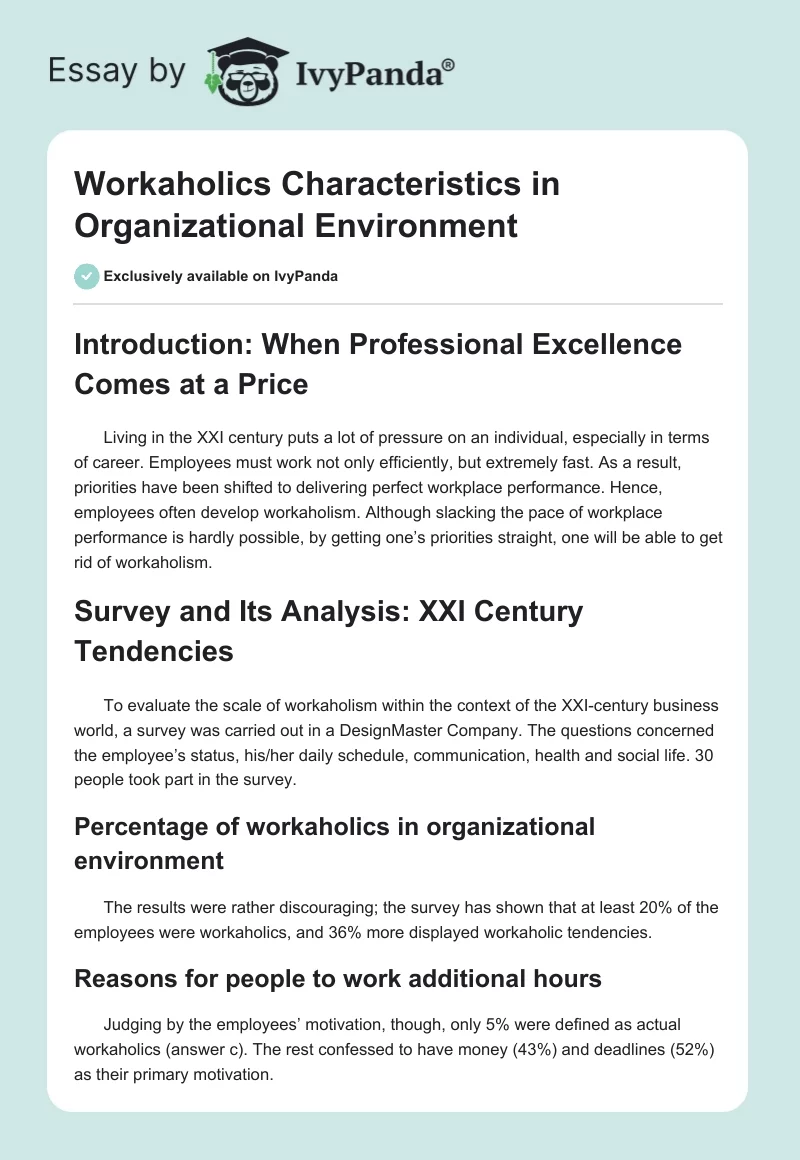 Workaholics Characteristics in Organizational Environment. Page 1