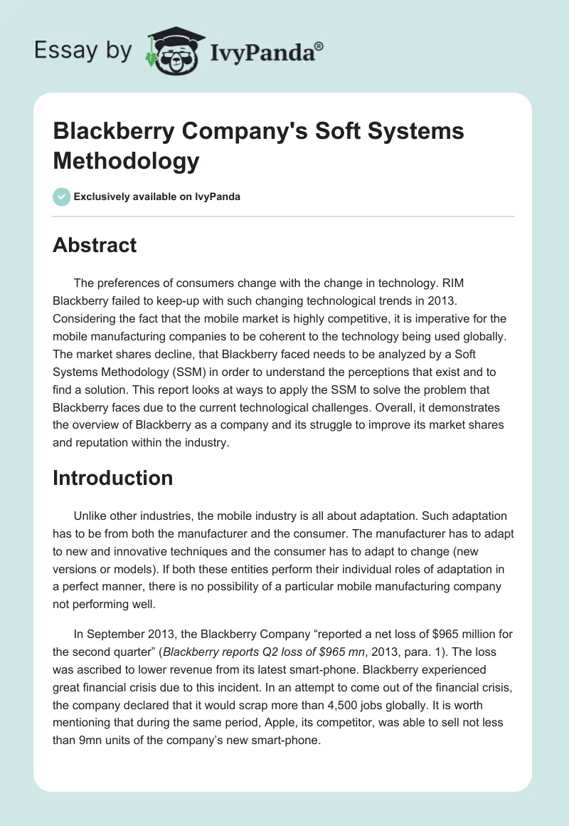Blackberry Company's Soft Systems Methodology. Page 1