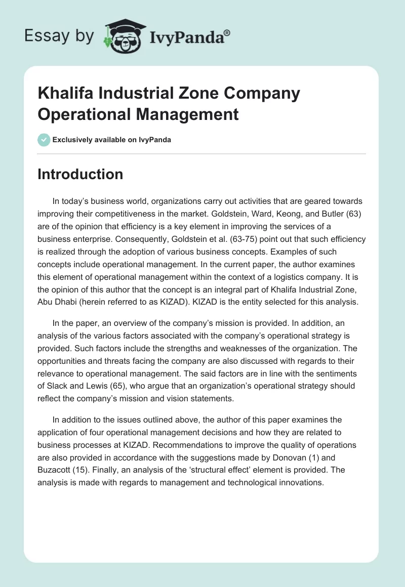 Khalifa Industrial Zone Company Operational Management. Page 1