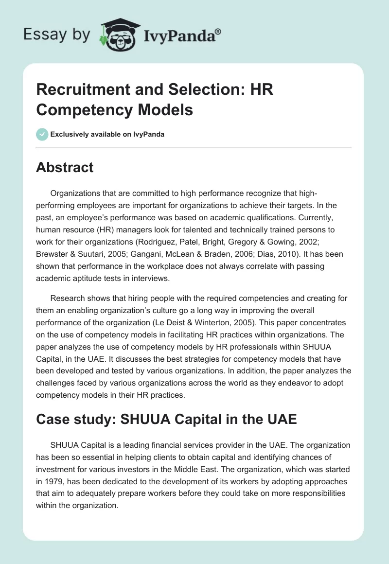 Recruitment and Selection: HR Competency Models. Page 1