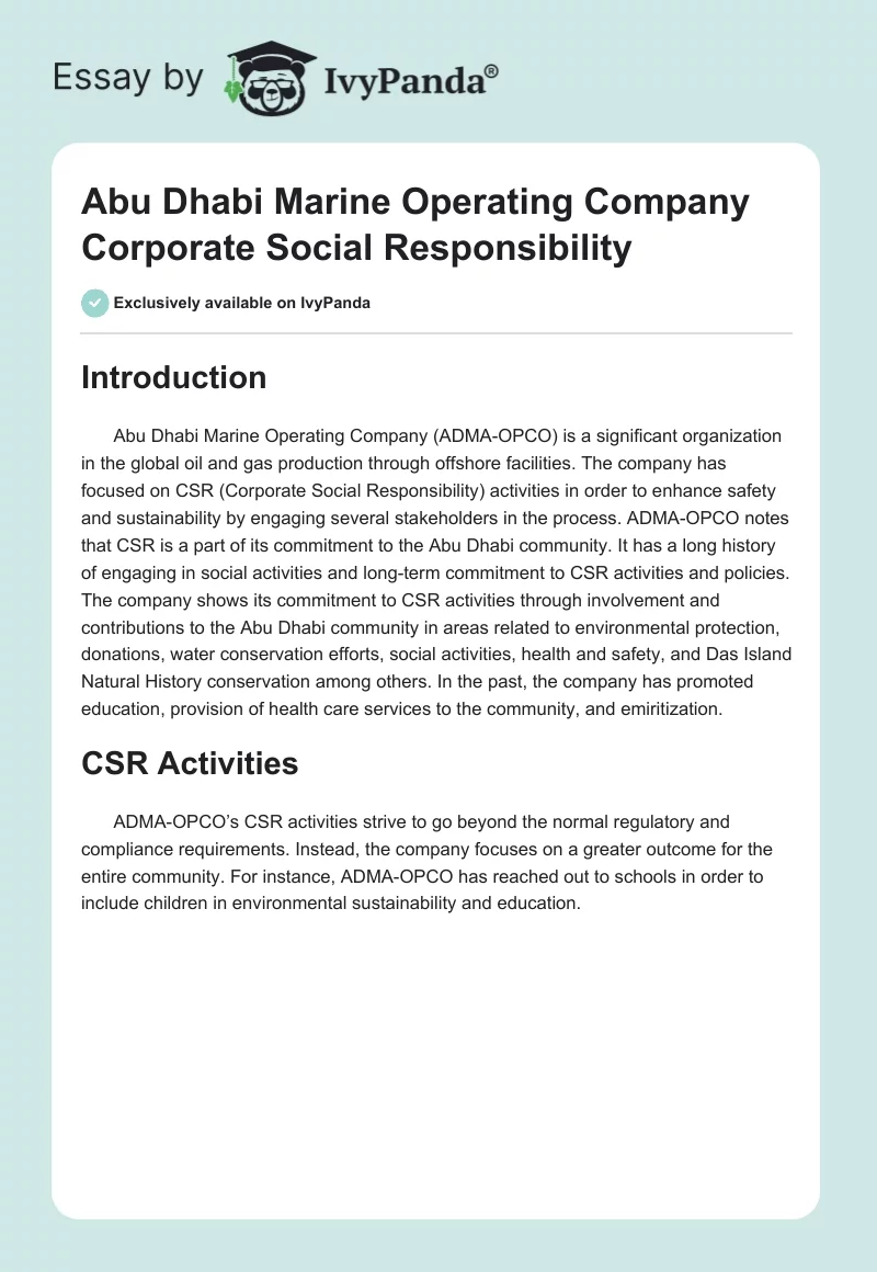 Abu Dhabi Marine Operating Company Corporate Social Responsibility. Page 1
