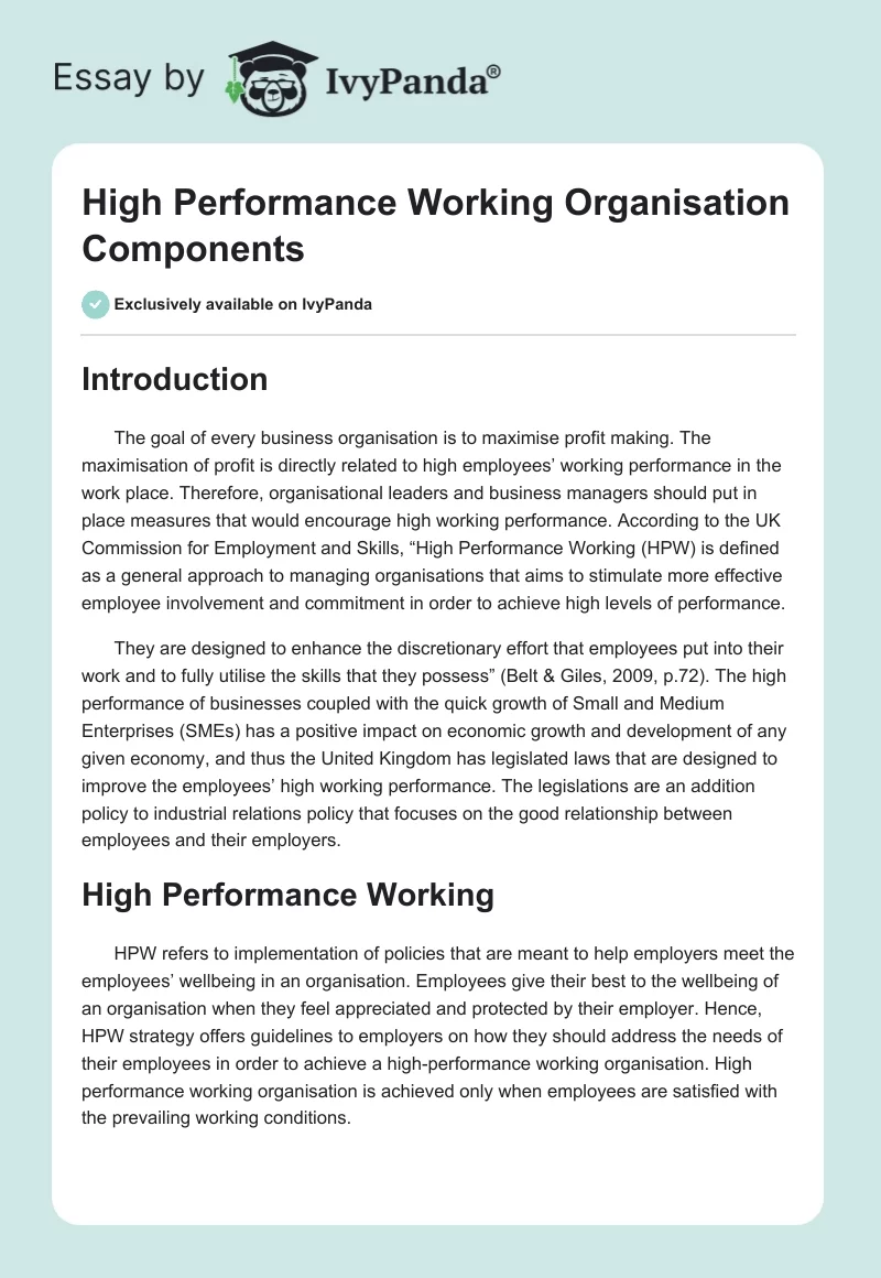 High Performance Working Organisation Components. Page 1