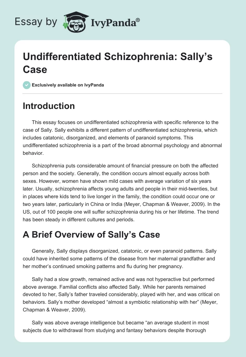 Undifferentiated Schizophrenia: Sally’s Case. Page 1