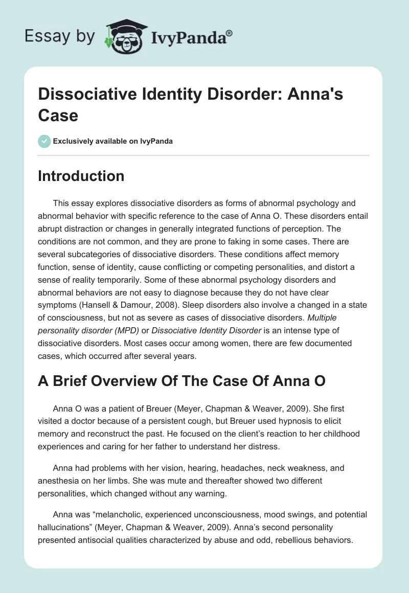 Dissociative Identity Disorder: Anna's Case. Page 1