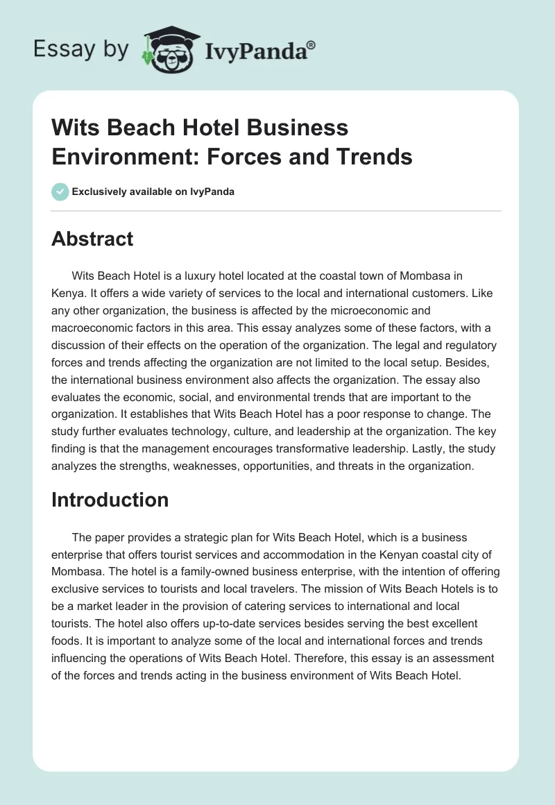 Wits Beach Hotel Business Environment: Forces and Trends. Page 1