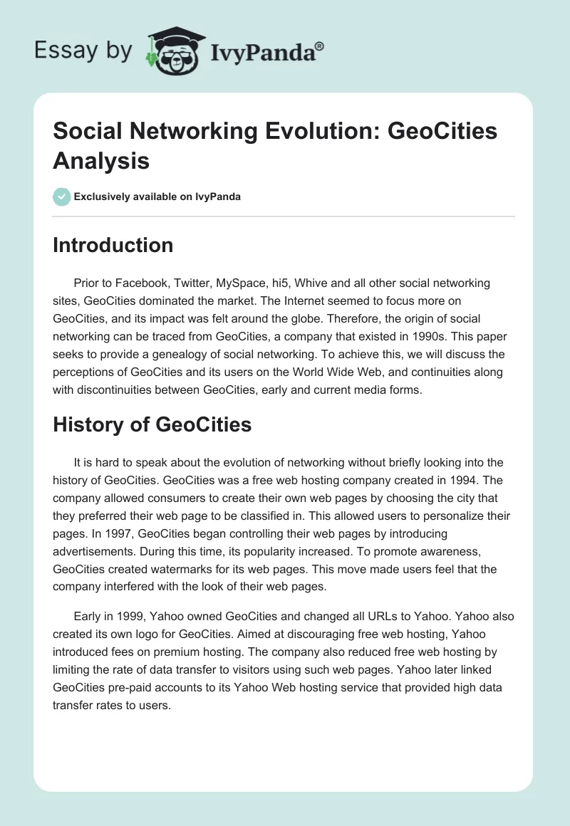 Social Networking Evolution: GeoCities Analysis. Page 1