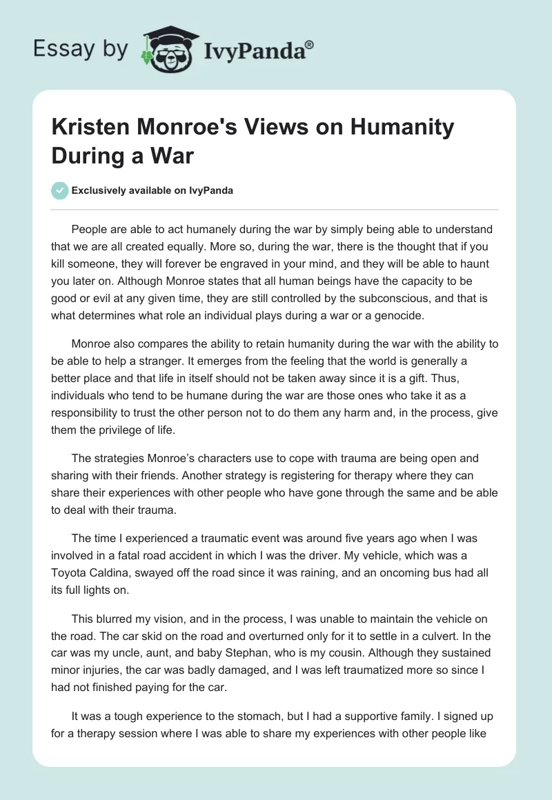 Kristen Monroe's Views on Humanity During a War. Page 1