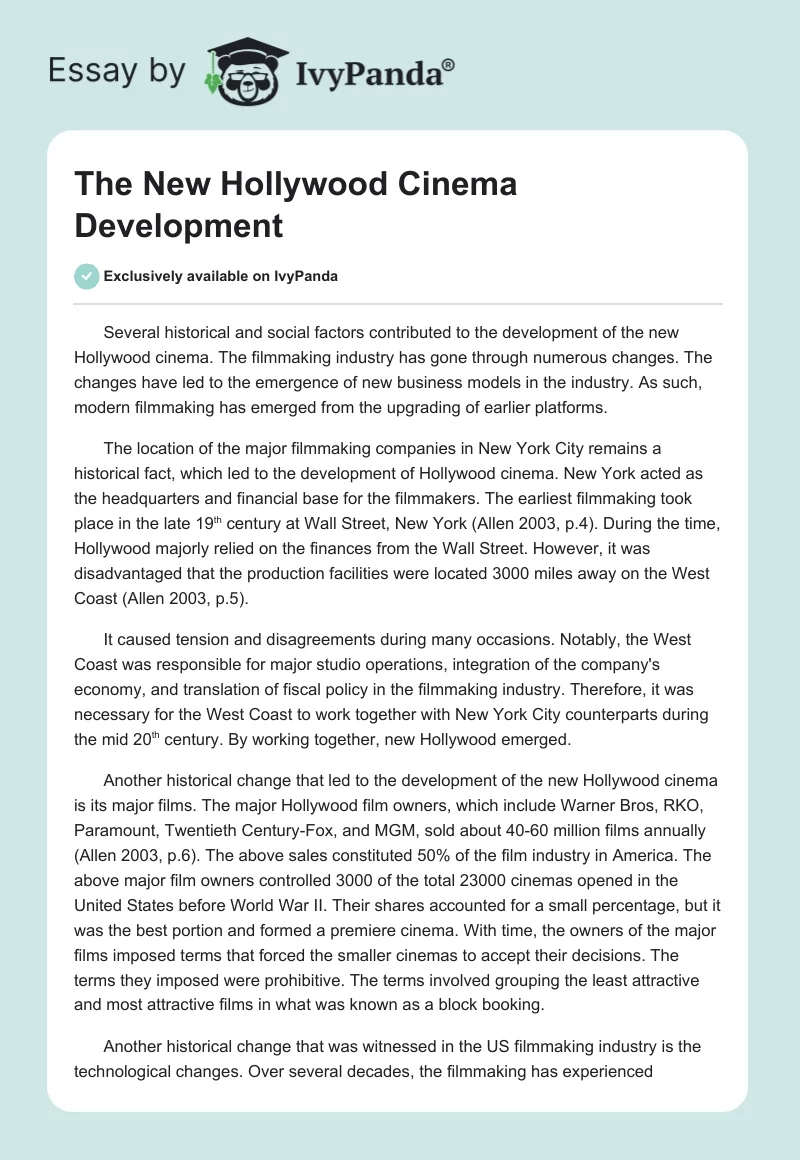 The New Hollywood Cinema Development. Page 1