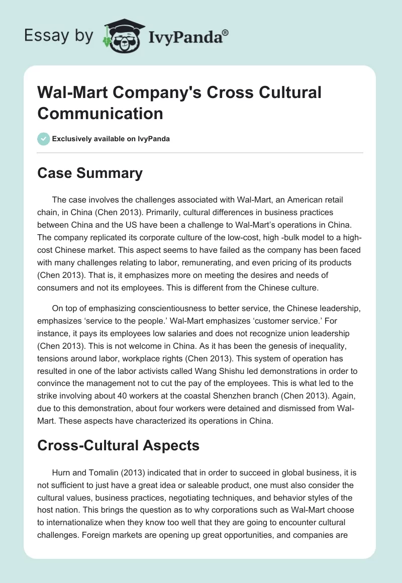 Wal-Mart Company's Cross Cultural Communication. Page 1