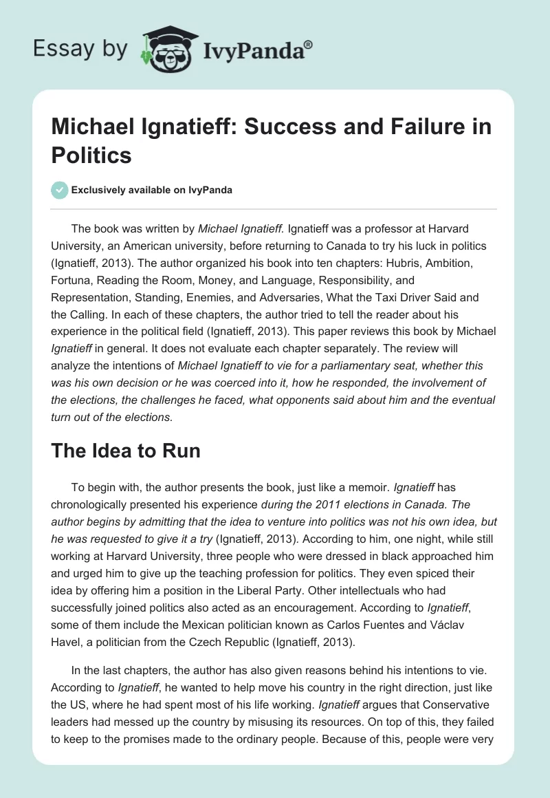 Michael Ignatieff: Success and Failure in Politics. Page 1