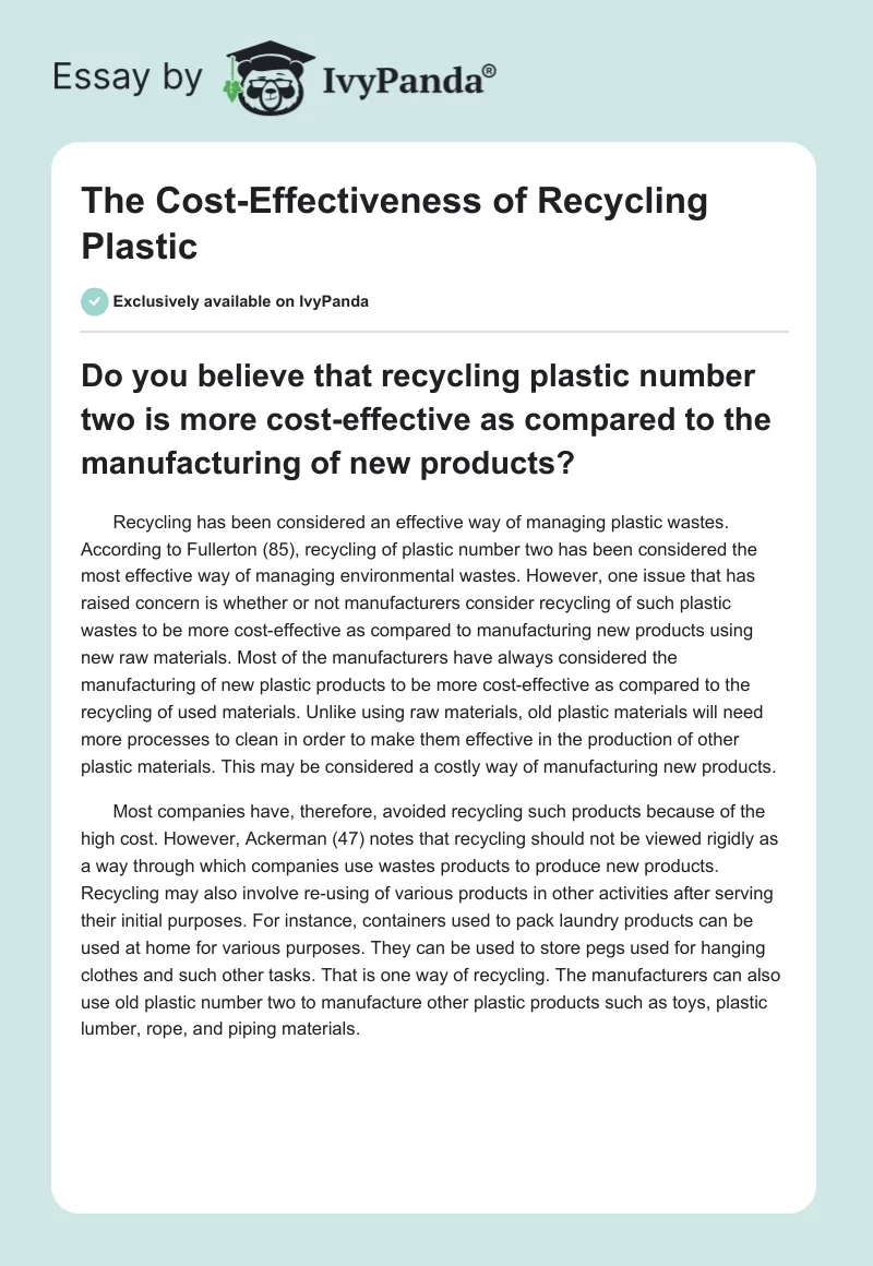 The Cost-Effectiveness of Recycling Plastic. Page 1