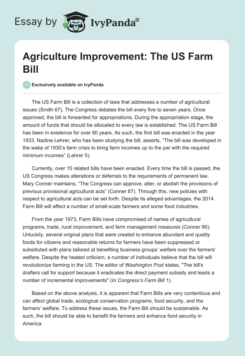 Agriculture Improvement: The US Farm Bill. Page 1