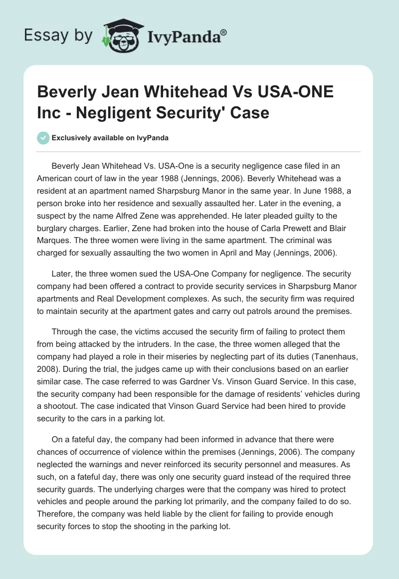 Beverly Jean Whitehead Vs USA-ONE Inc - Negligent Security' Case. Page 1
