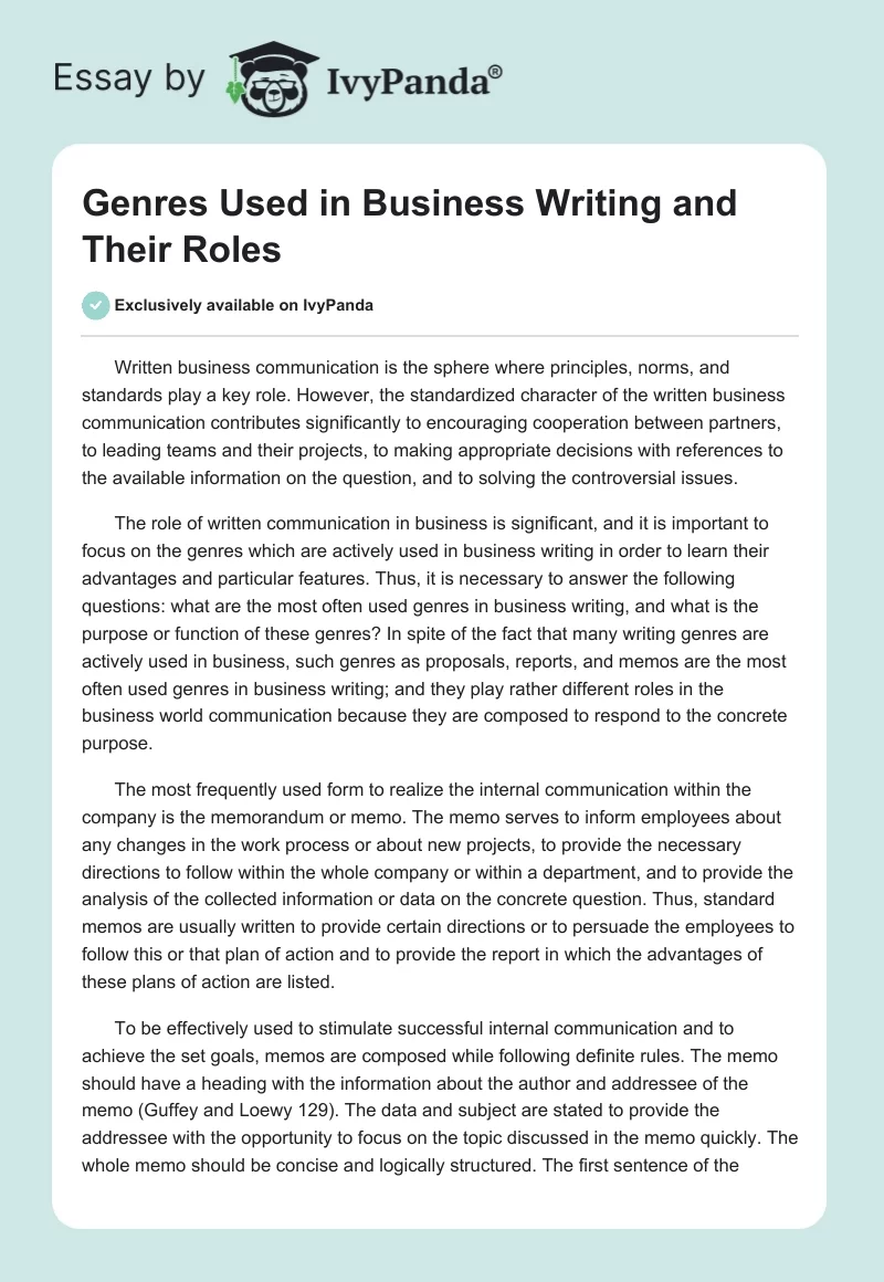 Genres Used in Business Writing and Their Roles. Page 1