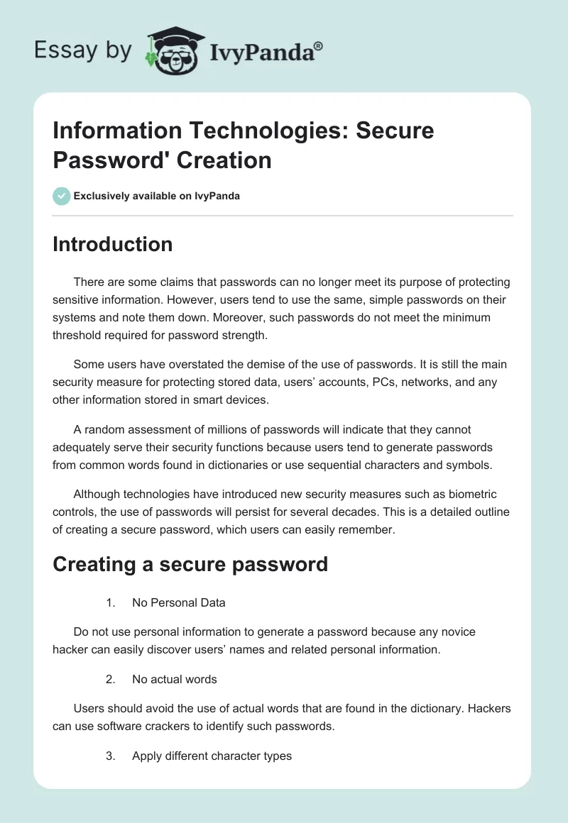 Information Technologies: Secure Password' Creation. Page 1