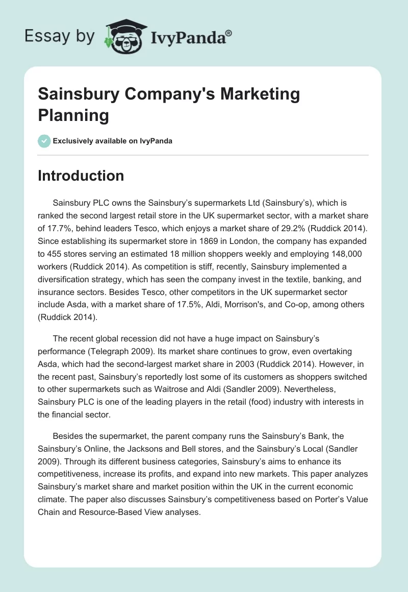 Sainsbury Company's Marketing Planning. Page 1