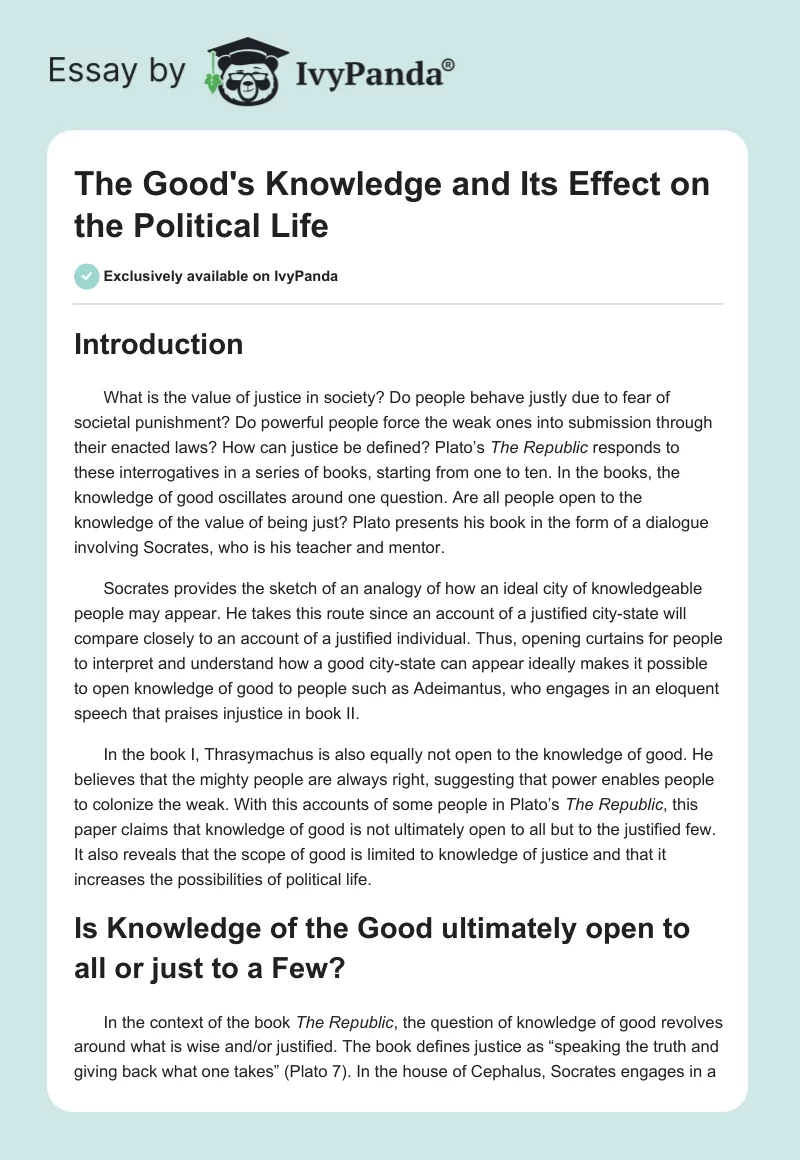 The Good's Knowledge and Its Effect on the Political Life. Page 1