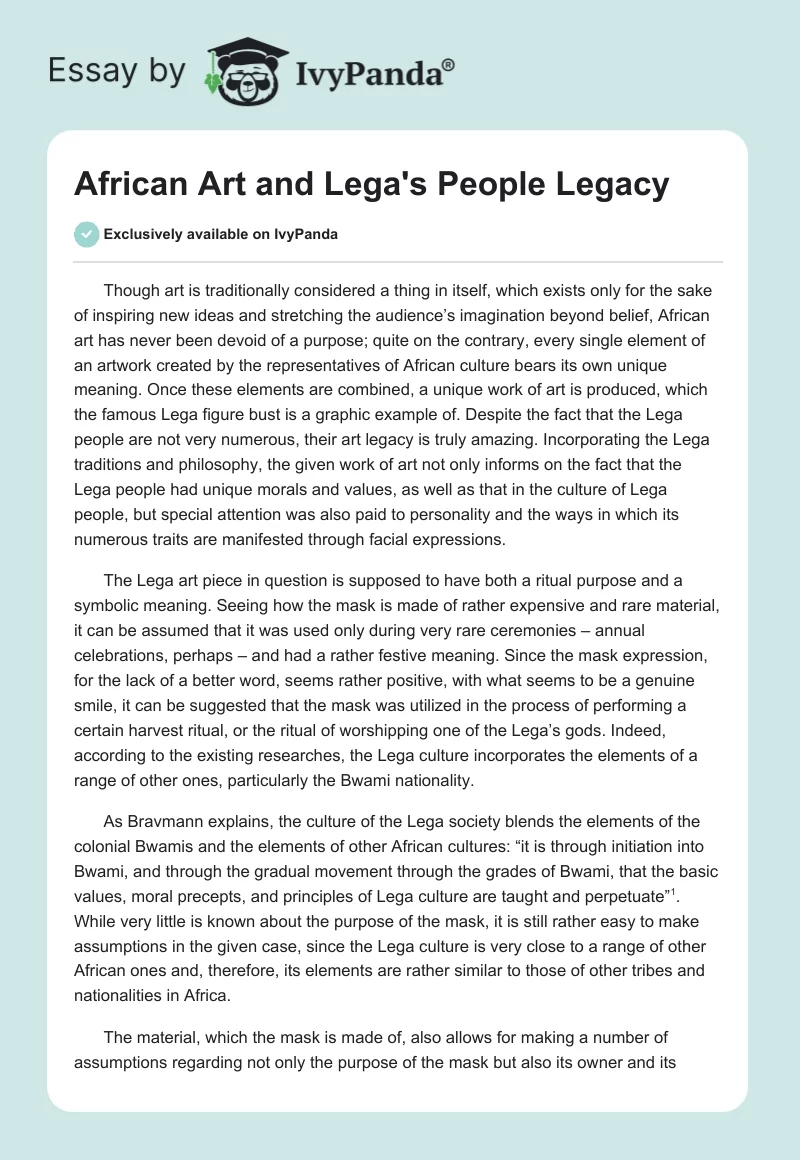 African Art and Lega's People Legacy. Page 1