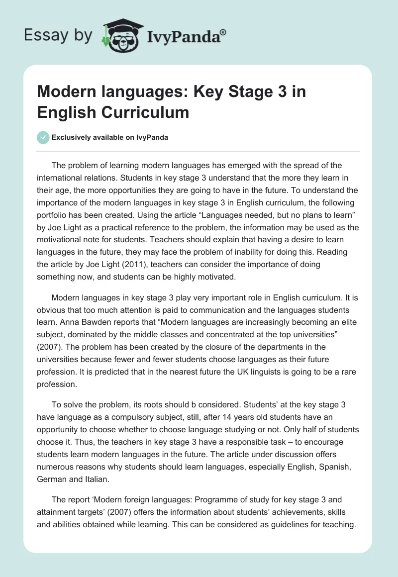 Modern languages: Key Stage 3 in English Curriculum. Page 1