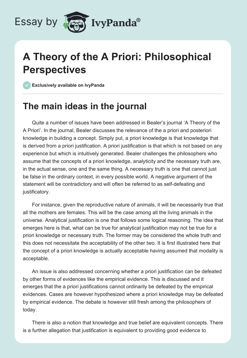 A Theory of the A Priori: Philosophical Perspectives. Page 1