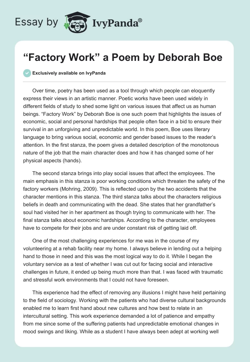 “Factory Work” a Poem by Deborah Boe. Page 1