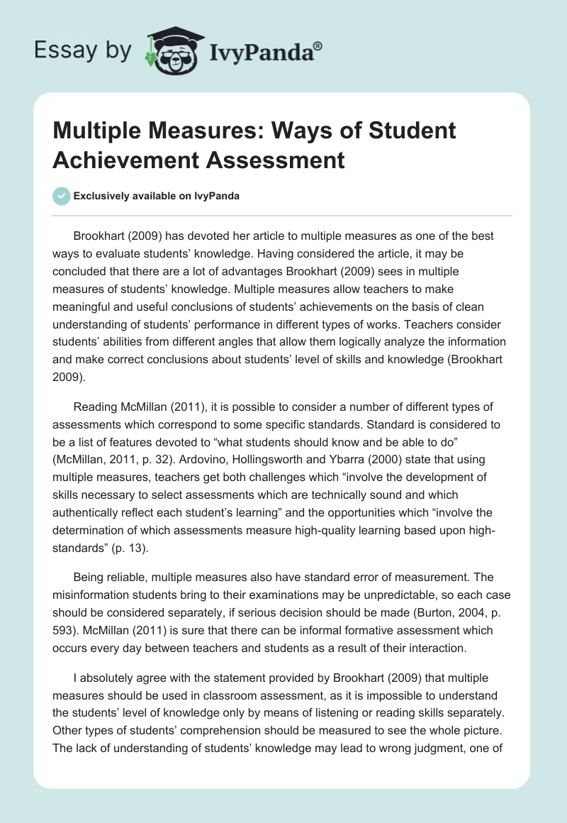 Multiple Measures: Ways of Student Achievement Assessment. Page 1