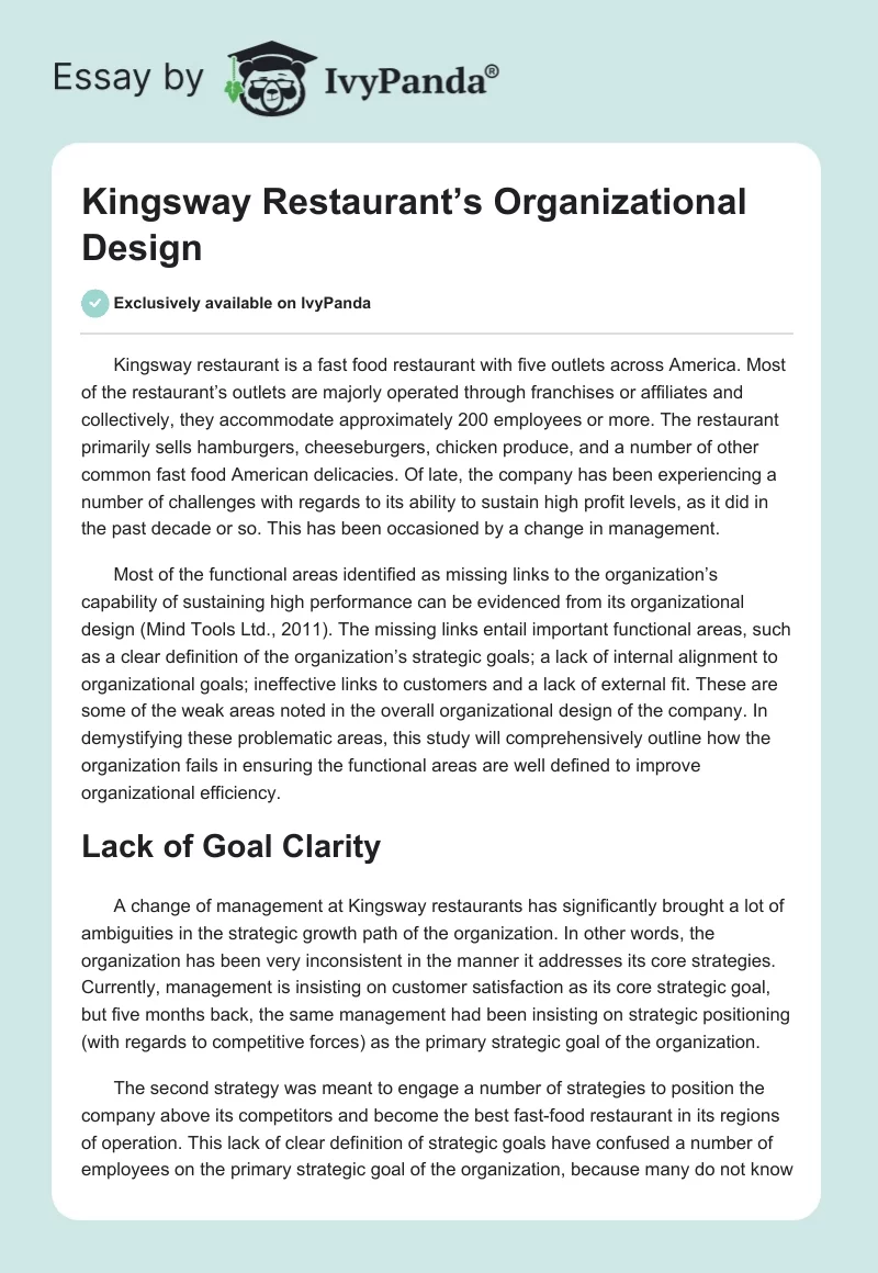 Kingsway Restaurant’s Organizational Design. Page 1